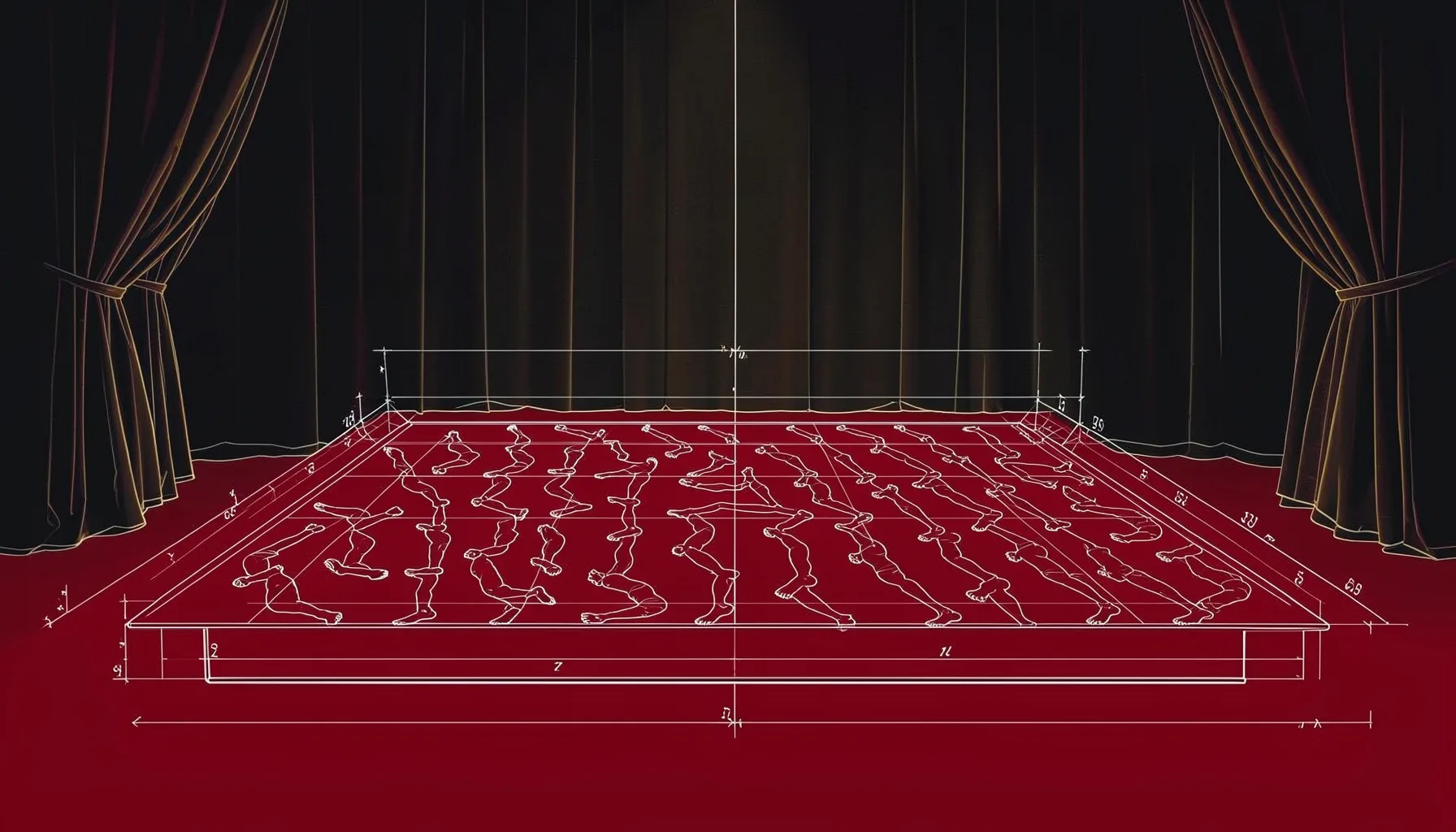 A technical blueprint-style drawing of a tap stage floor with rhythmic footwork patterns mapped across it, rendered in dark ink on a pale background