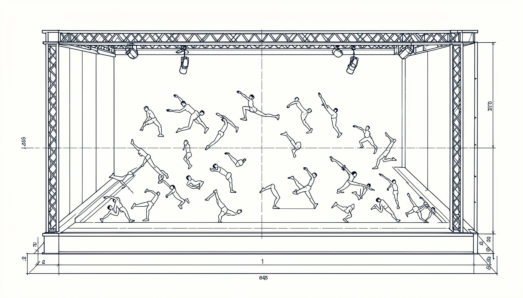 A technical blueprint-style drawing of a dance stage with rhythmic footwork patterns mapped across it, rendered in dark ink on a pale background