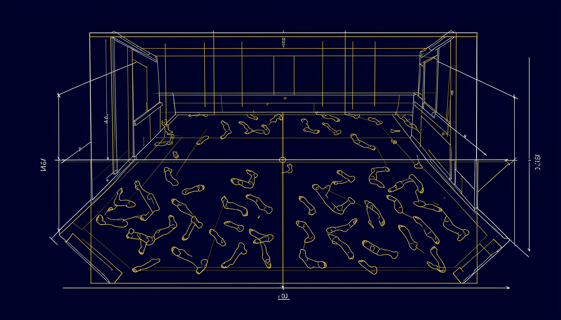 A technical blueprint-style drawing of a dance studio floor with rhythmic footwork patterns mapped across it, rendered in deep indigo and warm gold lines on a dark background