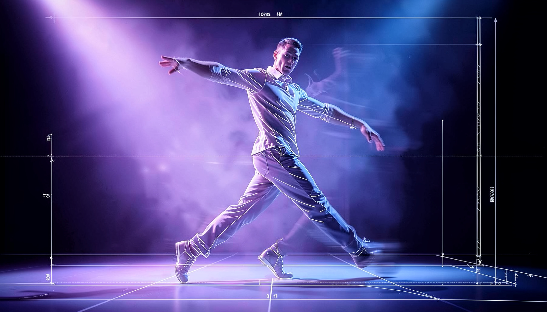 Male dancer in mid-turn, soft lavender and steel-blue stage lighting, motion blur suggesting speed and fluidity