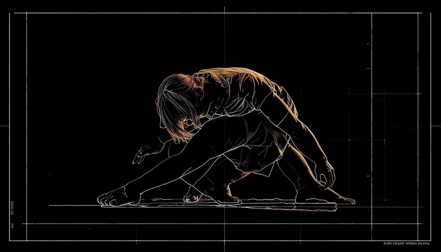 Dancer in a low crouch, dramatic side lighting casting long shadows, moody black and warm bronze tones