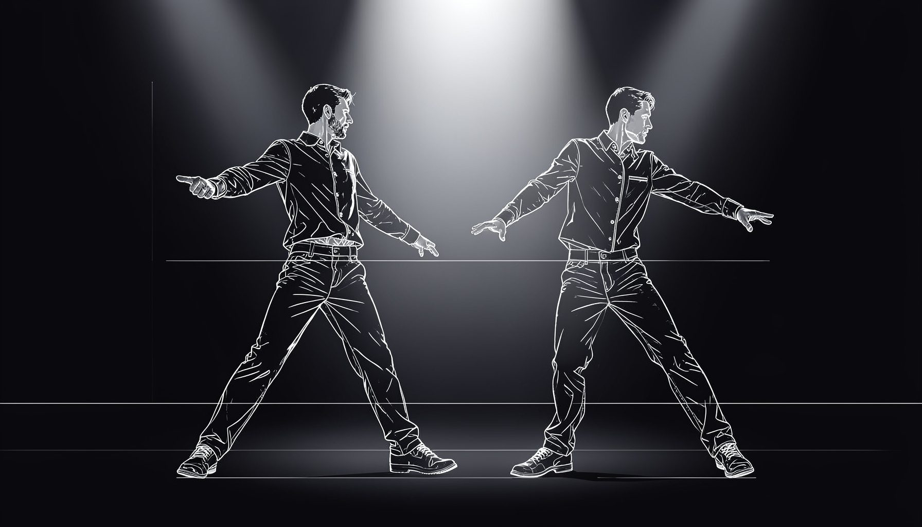 Two male dancers in synchronized motion, cool silver and white stage light, minimalist dark background