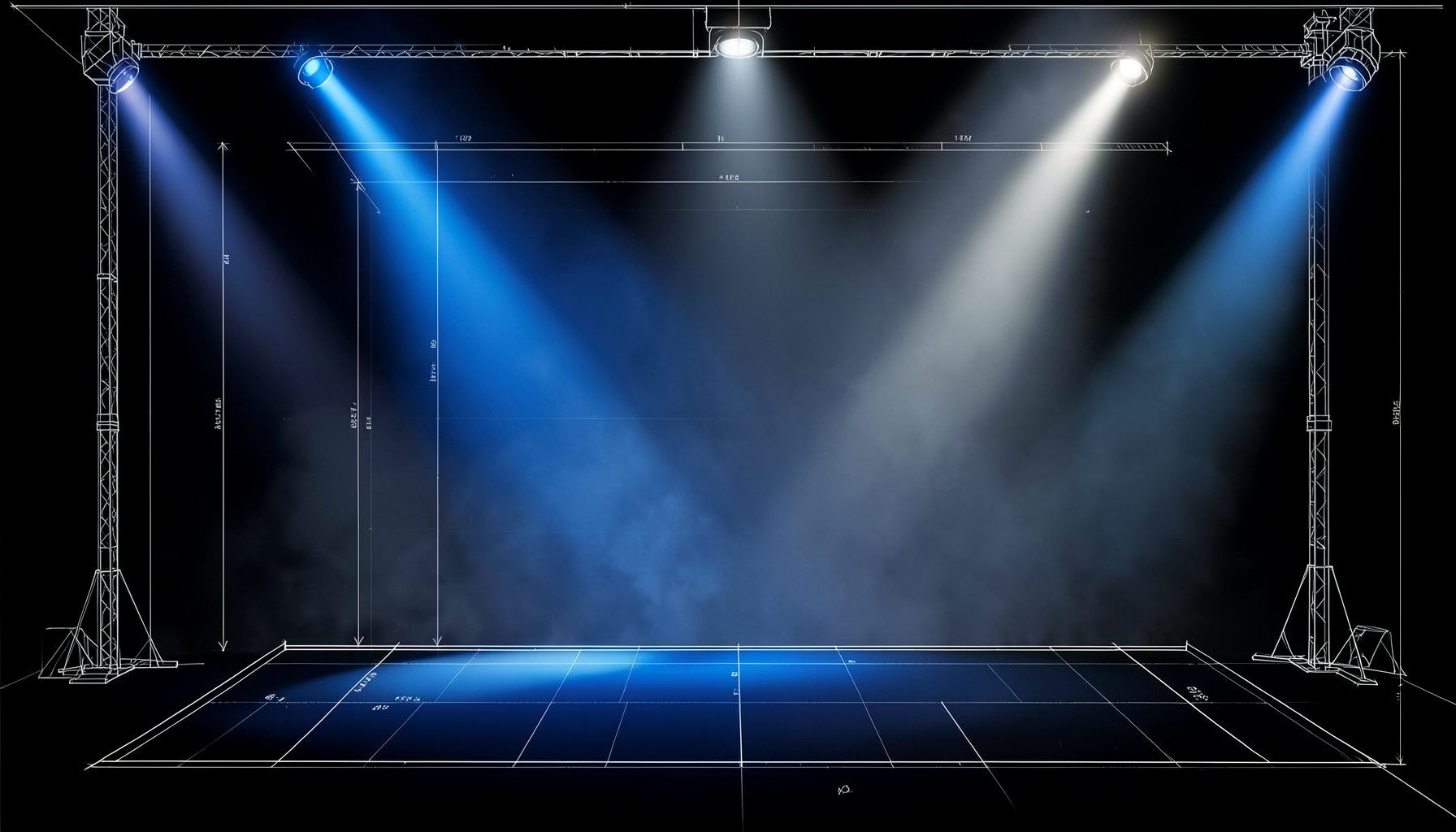 A dark stage lit by dramatic blue and white spotlights, with a hazy atmosphere suggesting movement and performance energy