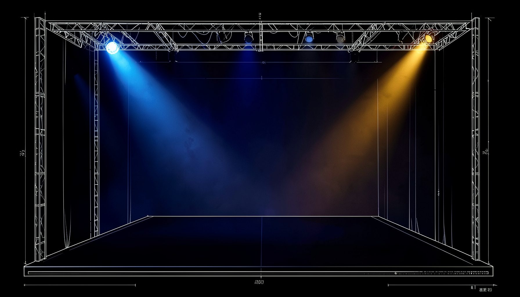 A dramatic stage lit by deep blue and amber spotlights cutting through haze, with a dark empty performance floor stretching wide