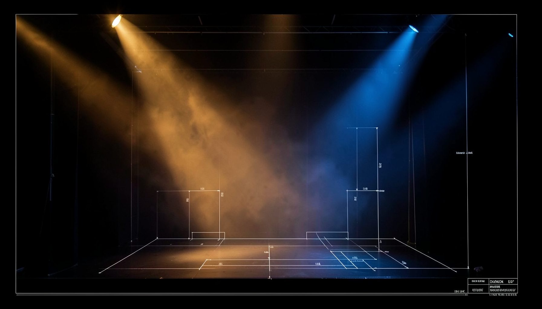 A dark stage with dramatic spotlight beams cutting through haze, warm amber and cool blue tones blending across the performance floor