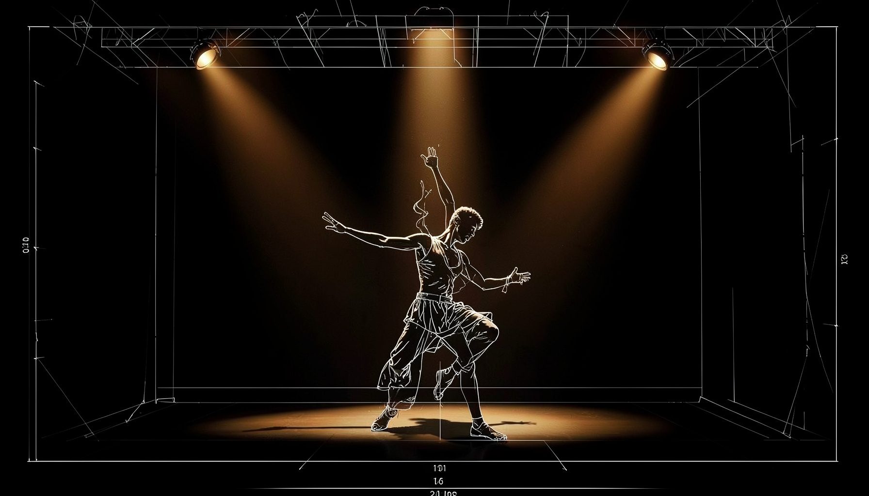 A dark atmospheric stage with dramatic overhead lighting casting long shadows, deep blacks and warm amber tones